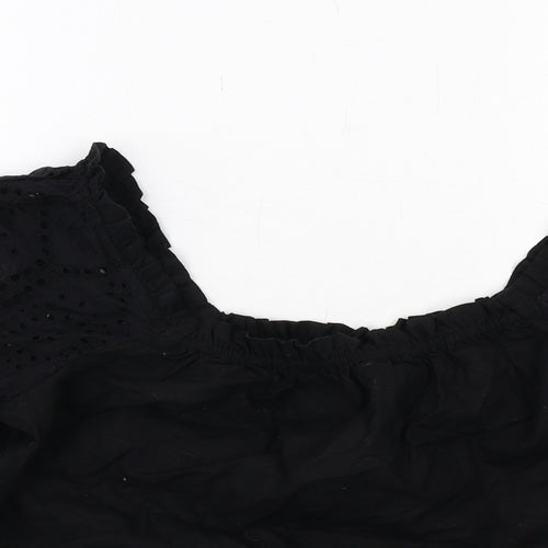 Lipsy Womens Black Cotton Cropped Blouse Size 10 Round Neck - Broderie Anglaise