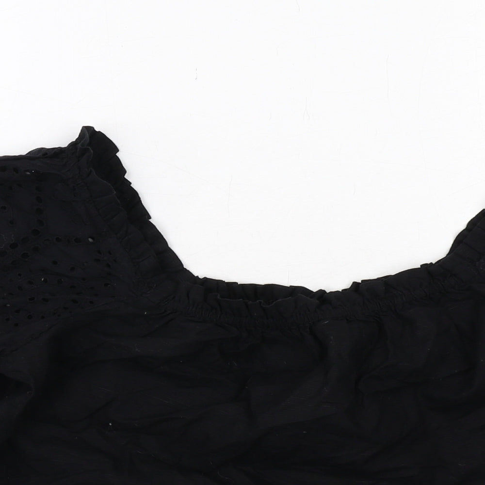 Lipsy Womens Black Cotton Cropped Blouse Size 10 Round Neck - Broderie Anglaise