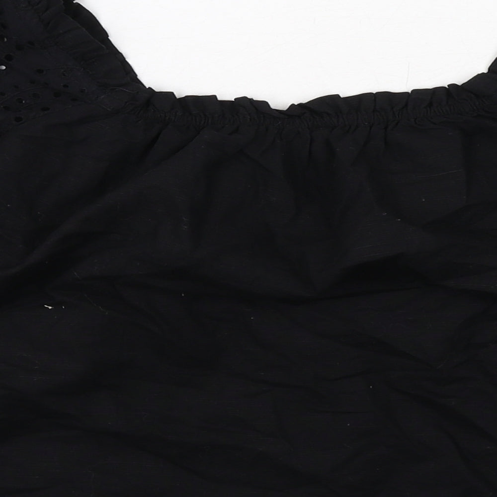 Lipsy Womens Black Cotton Cropped Blouse Size 10 Round Neck - Broderie Anglaise