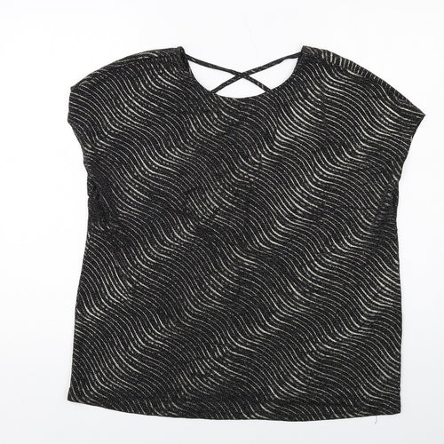 Klass Womens Black Geometric Polyamide Basic Blouse Size XL Round Neck