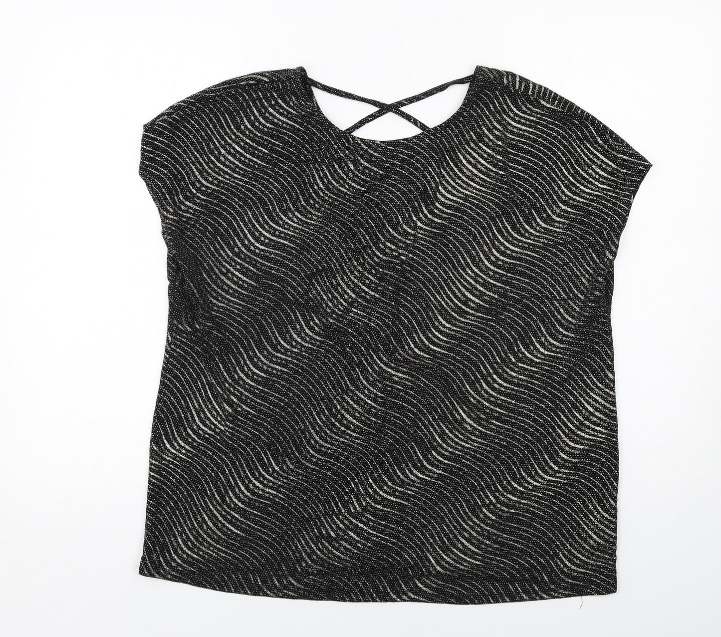 Klass Womens Black Geometric Polyamide Basic Blouse Size XL Round Neck