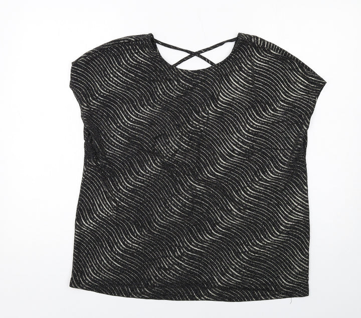 Klass Womens Black Geometric Polyamide Basic Blouse Size XL Round Neck