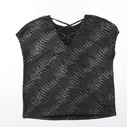 Klass Womens Black Geometric Polyamide Basic Blouse Size XL Round Neck