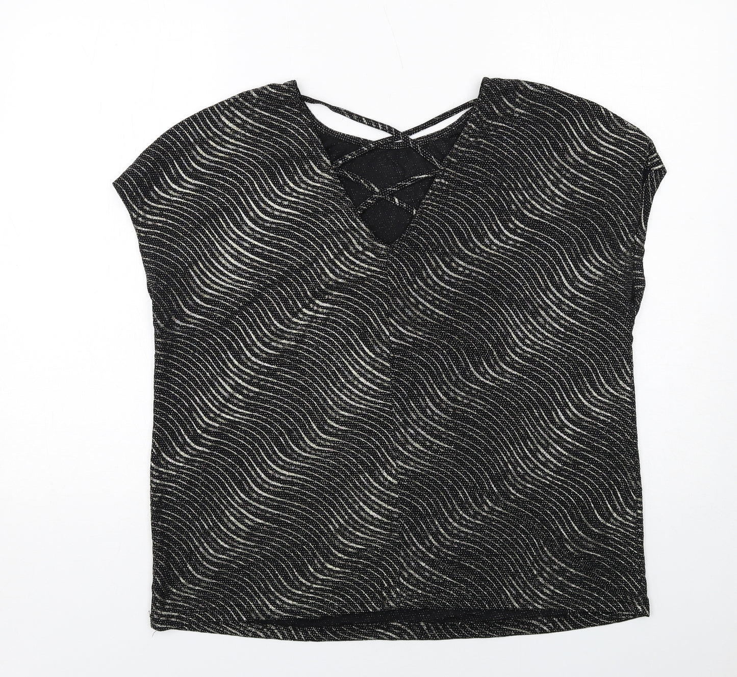 Klass Womens Black Geometric Polyamide Basic Blouse Size XL Round Neck