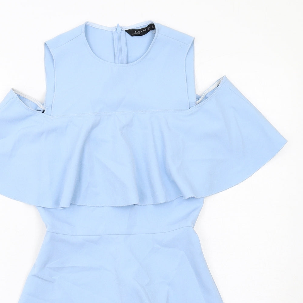 Zara Womens Blue Polyester Skater Dress Size XS Round Neck Zip - Cold Shoulder
