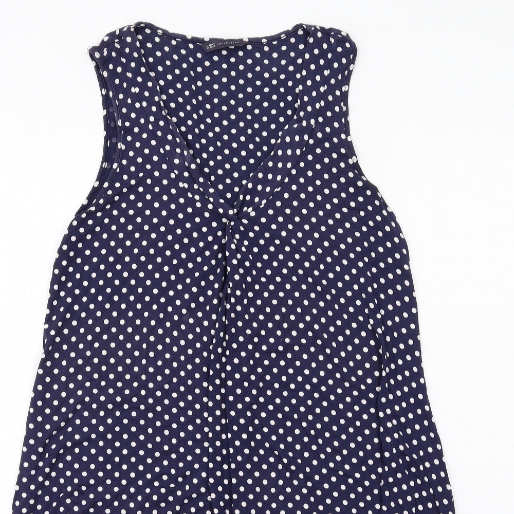 Marks and Spencer Womens Blue Polka Dot Viscose A-Line Size 12 V-Neck Pullover