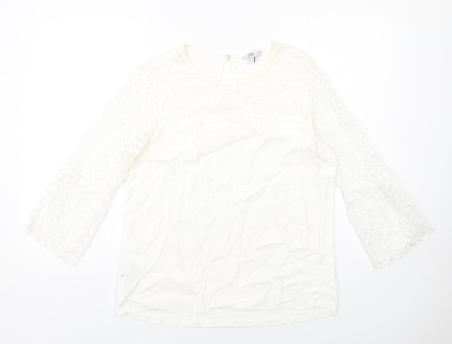 NEXT Womens White Viscose Basic Blouse Size 12 Round Neck - Lace Details