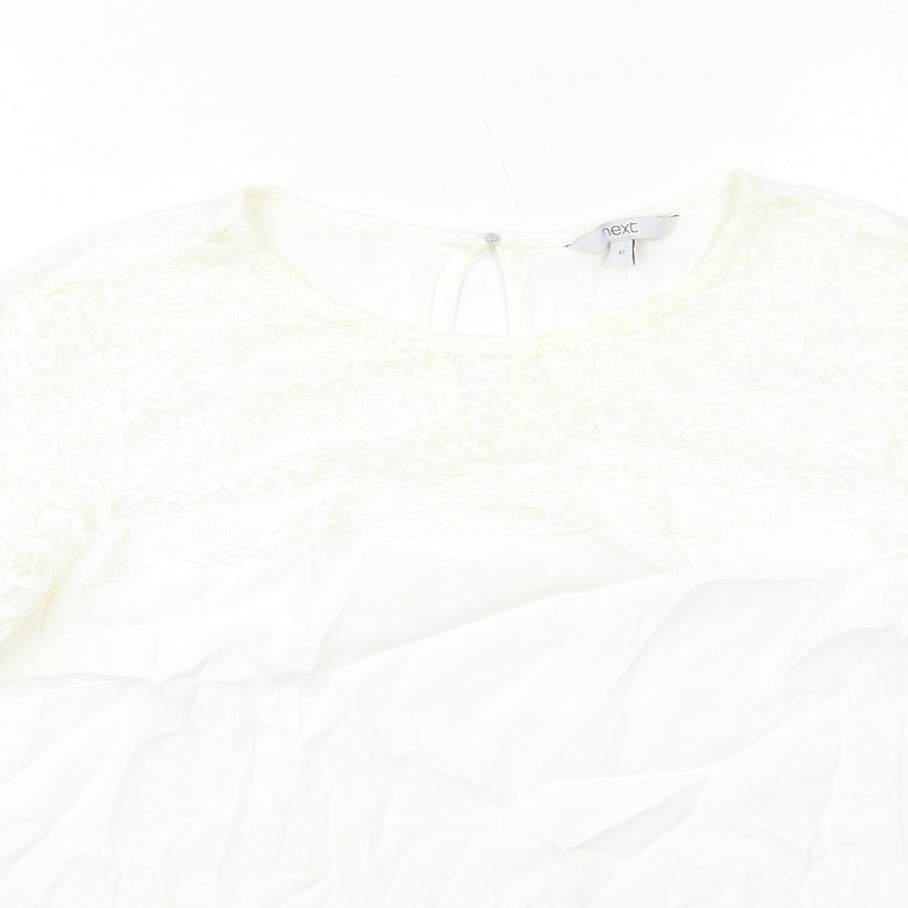 NEXT Womens White Viscose Basic Blouse Size 12 Round Neck - Lace Details