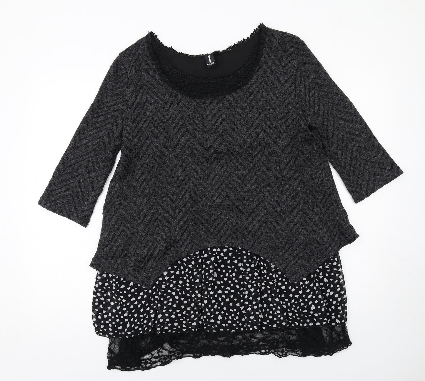 Izabel London Womens Grey Geometric Polyester Basic Blouse Size 12 Round Neck