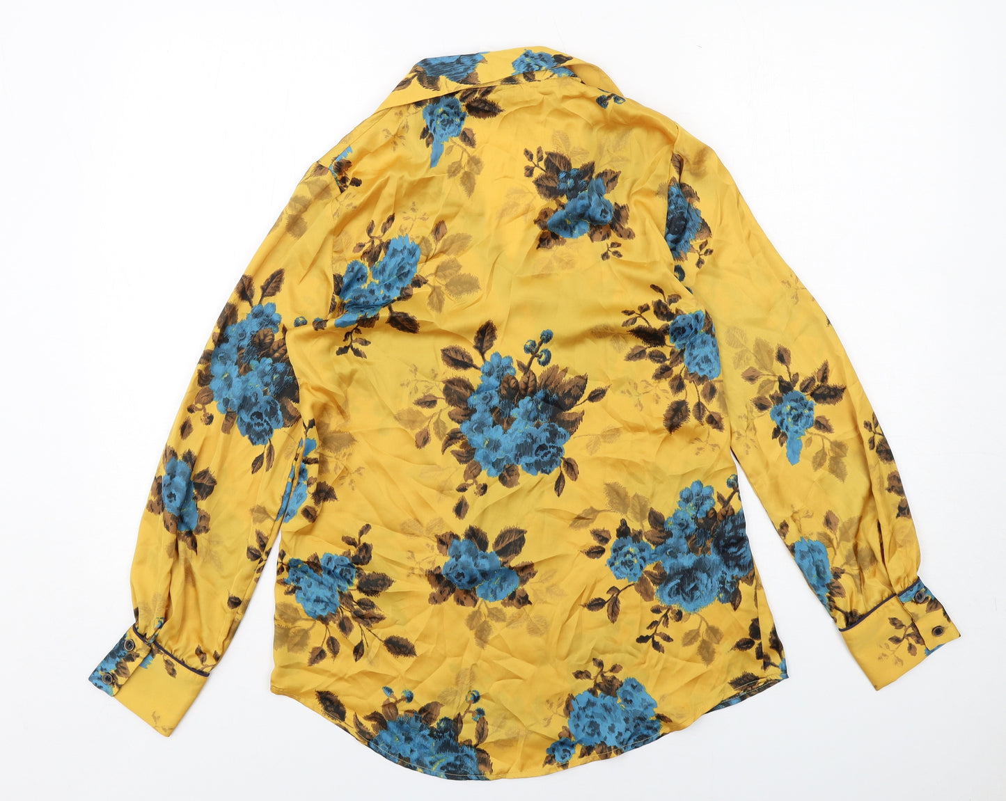 Zara Womens Yellow Floral Polyester Basic Button-Up Size XS Collared