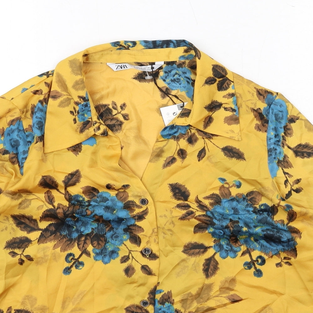 Zara Womens Yellow Floral Polyester Basic Button-Up Size XS Collared