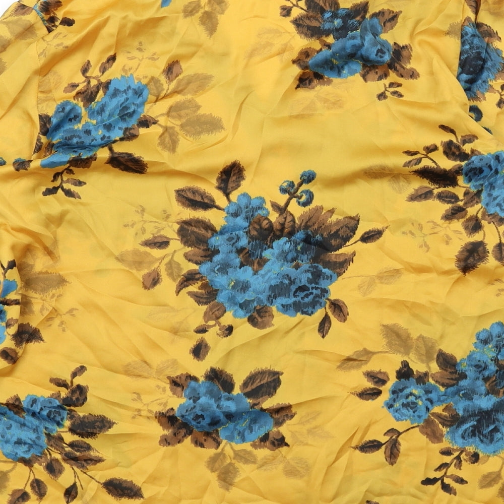 Zara Womens Yellow Floral Polyester Basic Button-Up Size XS Collared