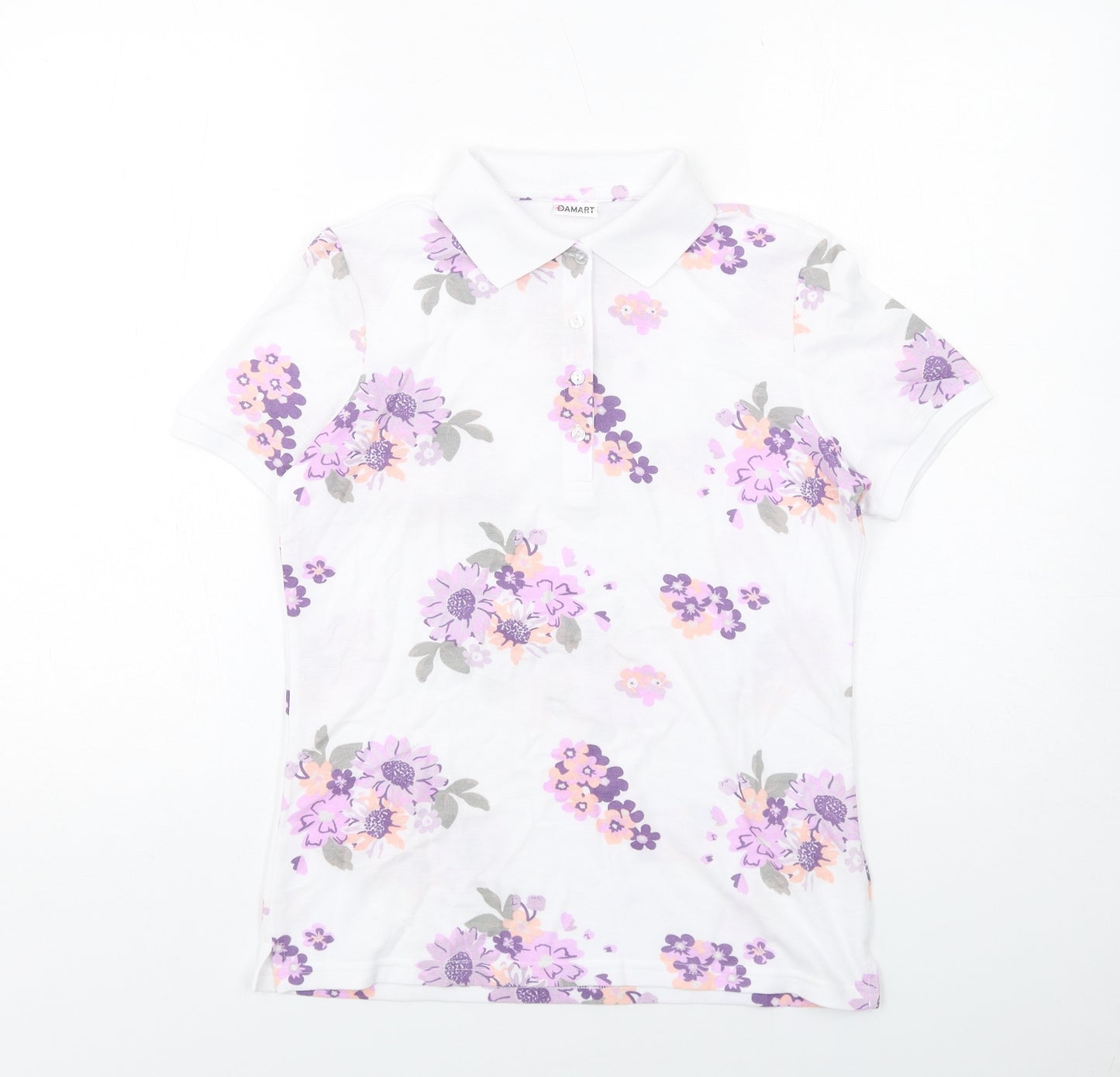 Damart Womens White Floral Polyester Basic Button-Up Size 10 Collared