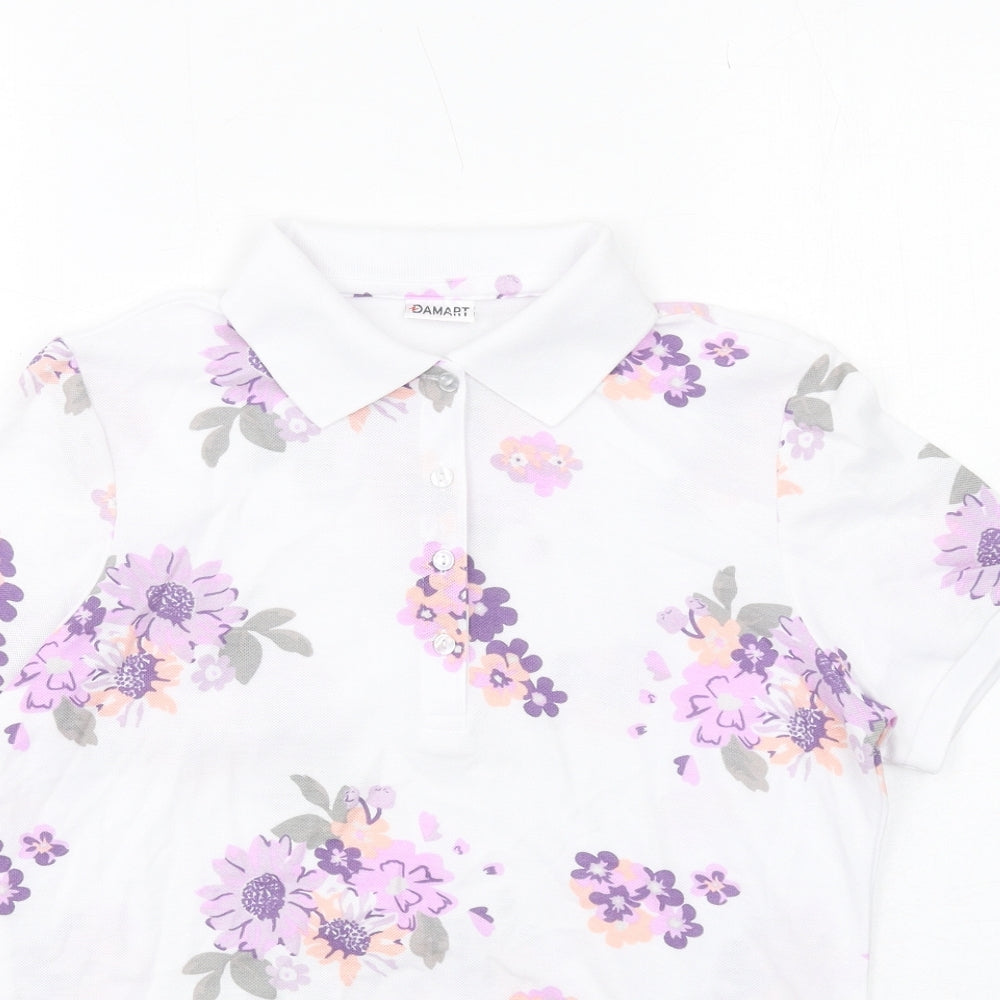 Damart Womens White Floral Polyester Basic Button-Up Size 10 Collared