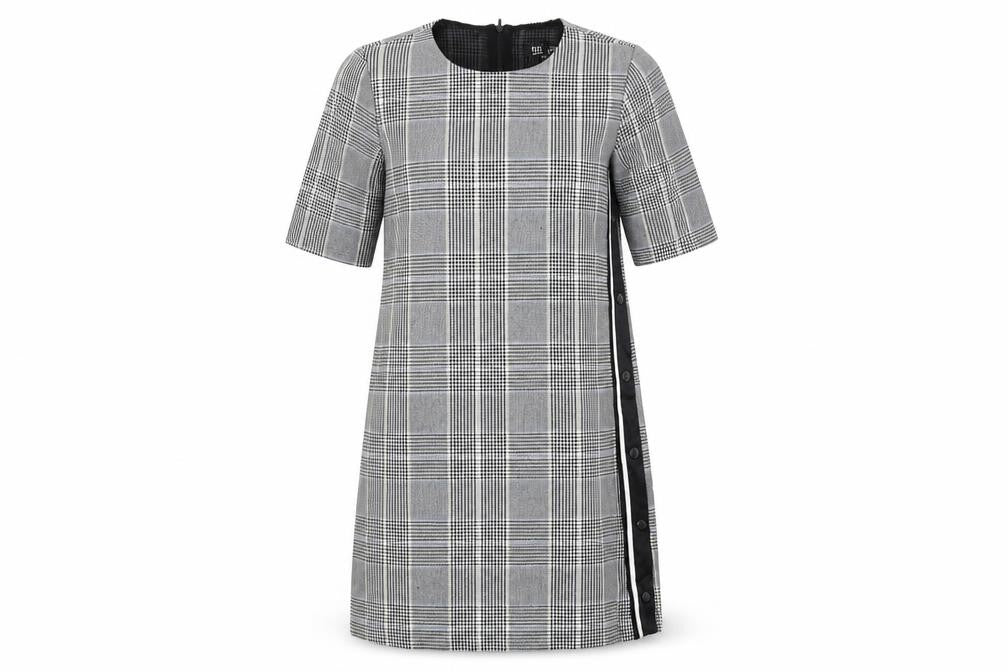 Front view of Zara women’s grey plaid polyester shift, size M, round neck zip