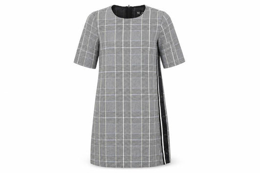 Front view of Zara women’s grey plaid polyester shift, size M, round neck zip