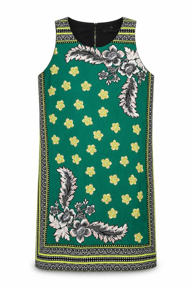 Front view of Zara women’s green geometric polyester sheath, size S, round neck button