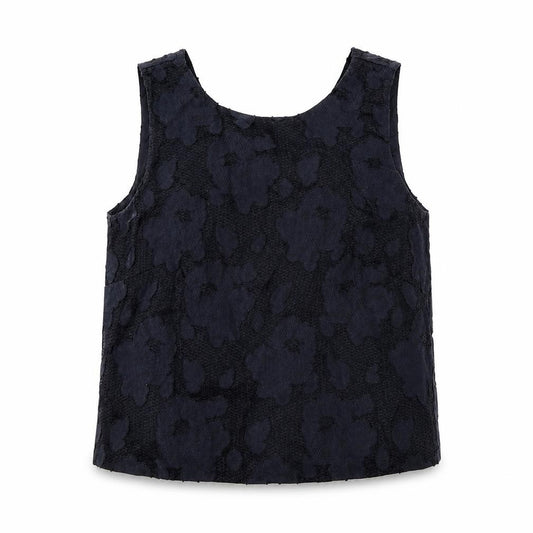 Front view of Marks & Spencer women’s blue geometric cotton basic tank, size UK 12, round neck