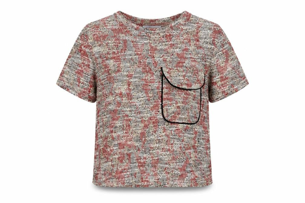 Front view of Zara women’s multicoloured geometric polyester basic t-shirt, size S, round neck