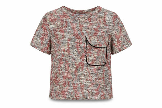 Front view of Zara women’s multicoloured geometric polyester basic t-shirt, size S, round neck
