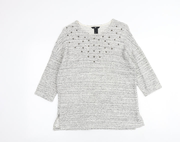 H&M Womens Grey Geometric Cotton Basic Blouse Size S Round Neck