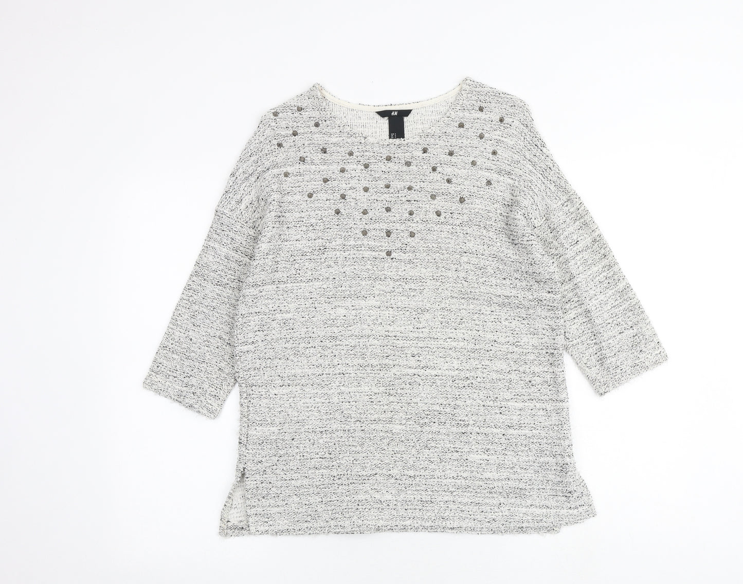 H&M Womens Grey Geometric Cotton Basic Blouse Size S Round Neck