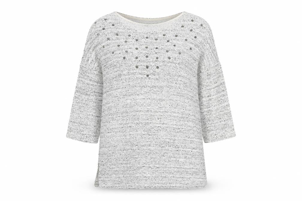 Front view of H&M women’s grey geometric cotton basic blouse, size S, round neck