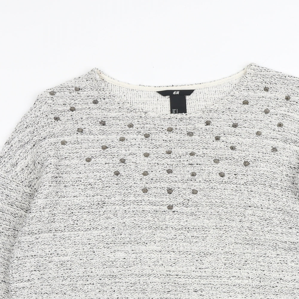 H&M Womens Grey Geometric Cotton Basic Blouse Size S Round Neck