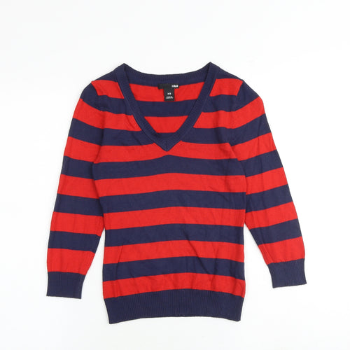 H&M Womens Multicoloured V-Neck Striped Acrylic Pullover Jumper Size XS