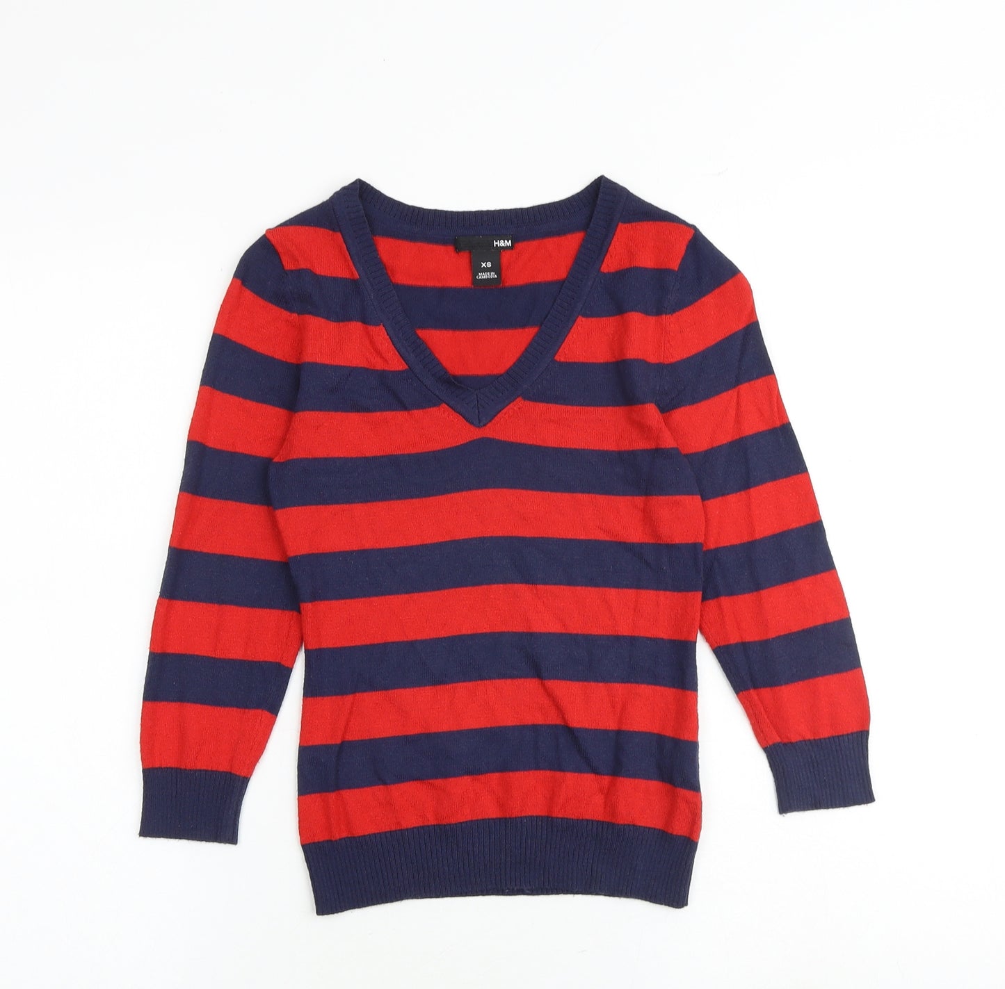 H&M Womens Multicoloured V-Neck Striped Acrylic Pullover Jumper Size XS