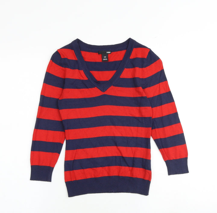 H&M Womens Multicoloured V-Neck Striped Acrylic Pullover Jumper Size XS