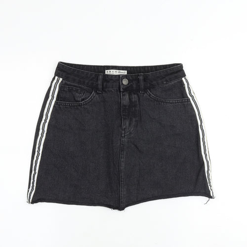 Denim & Co. Womens Black Herringbone Cotton Mini Skirt Size 10 Zip