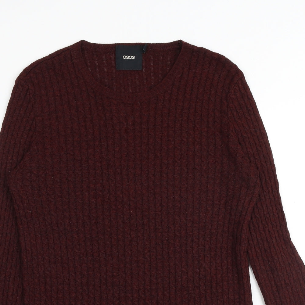 ASOS Mens Red Round Neck Acrylic Pullover Jumper Size M Long Sleeve - Elbow patches