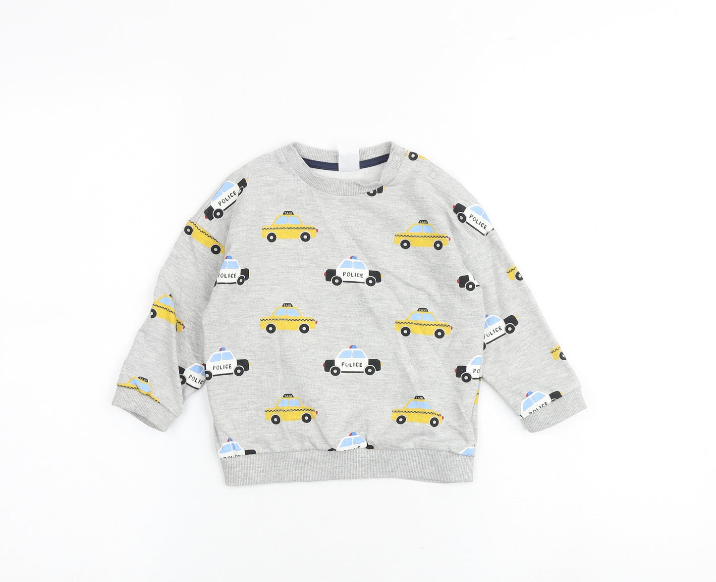 H&M Baby Grey Geometric Cotton Pullover Casual Size 9-12 Months Crew Neck Snap - Car Print