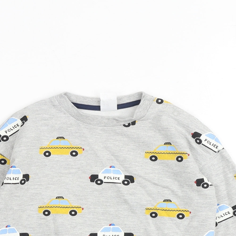 H&M Baby Grey Geometric Cotton Pullover Casual Size 9-12 Months Crew Neck Snap - Car Print