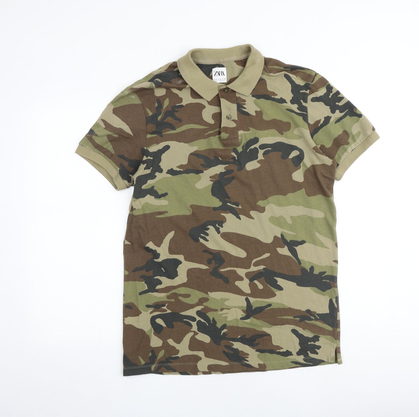 Zara Mens Multicoloured Camouflage 100% Cotton Polo Size M Collared Button