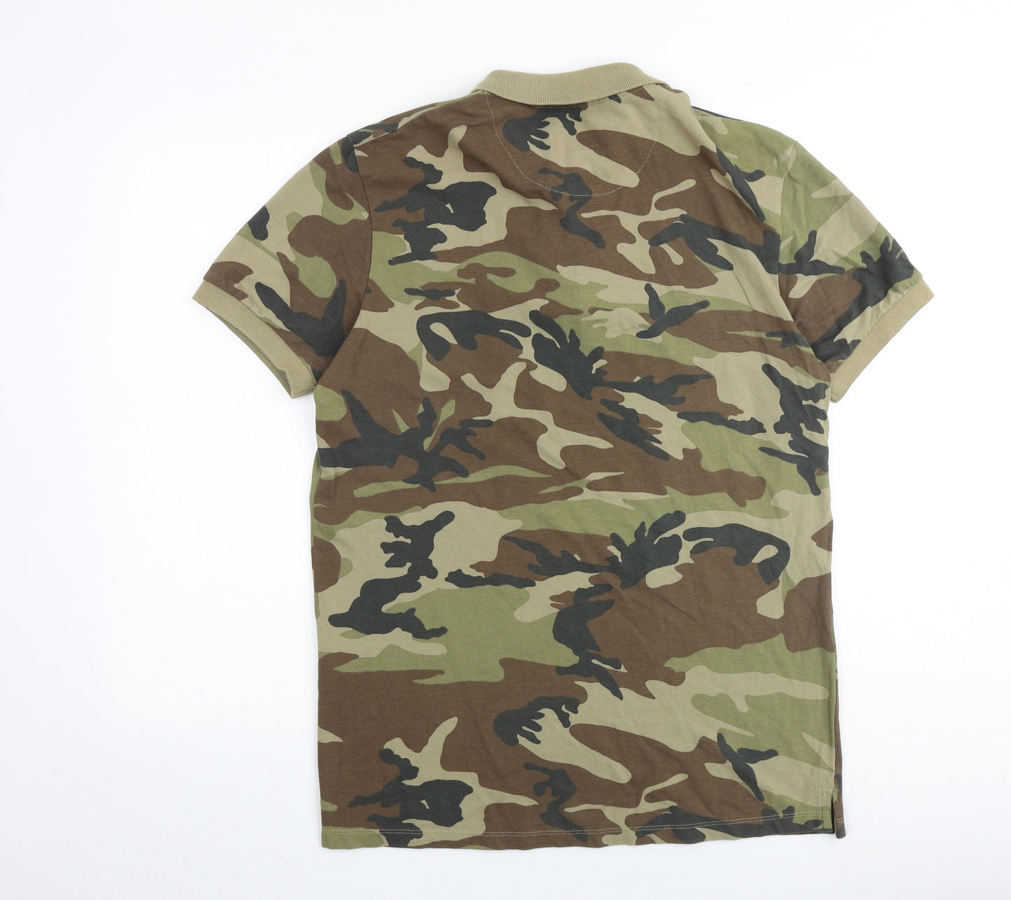 Zara Mens Multicoloured Camouflage 100% Cotton Polo Size M Collared Button