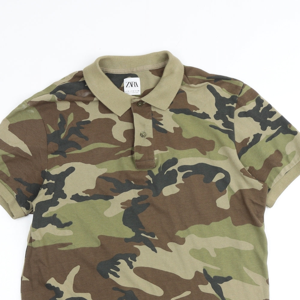 Zara Mens Multicoloured Camouflage 100% Cotton Polo Size M Collared Button