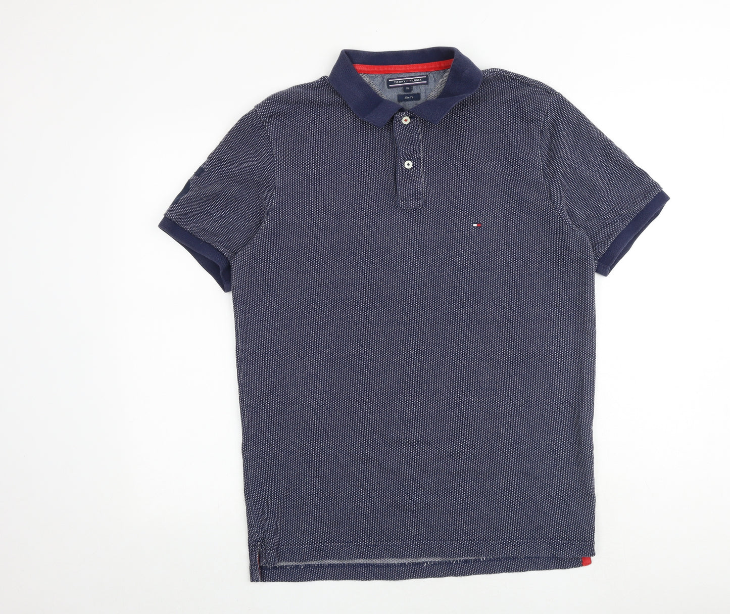 Tommy Hilfiger Mens Blue Geometric 100% Cotton Polo Size XL Collared Button