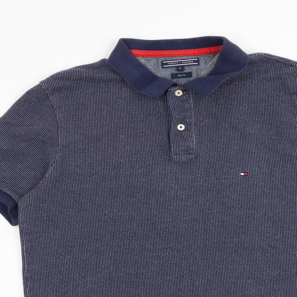 Tommy Hilfiger Mens Blue Geometric 100% Cotton Polo Size XL Collared Button
