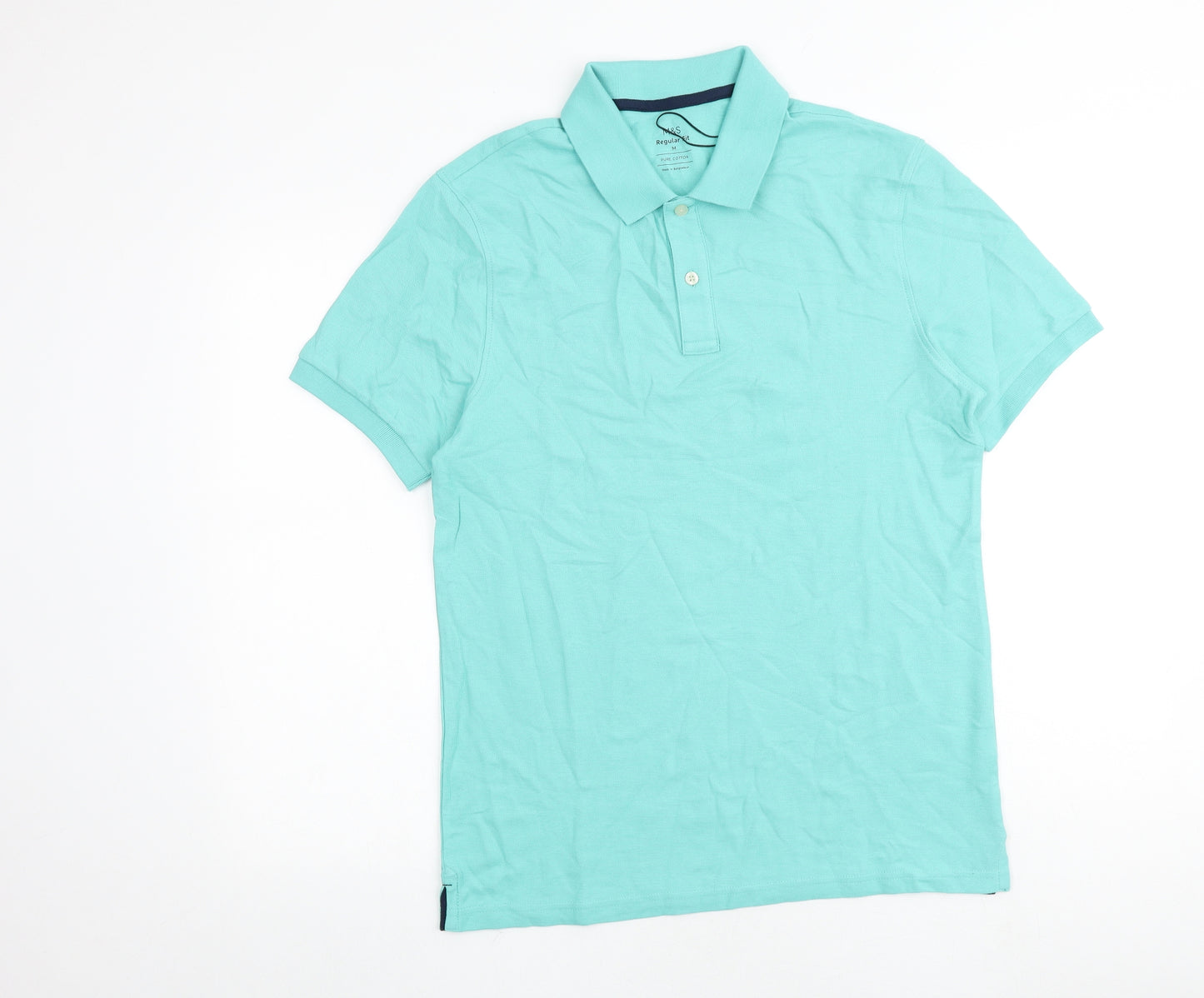 Marks and Spencer Mens Blue 100% Cotton Polo Size M Collared Button