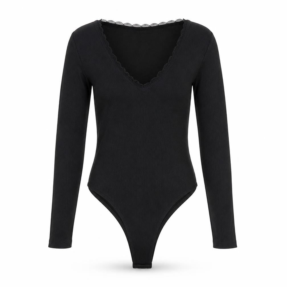 Front view of CDI women’s black polyester bodysuit one-piece, size UK 12, snap