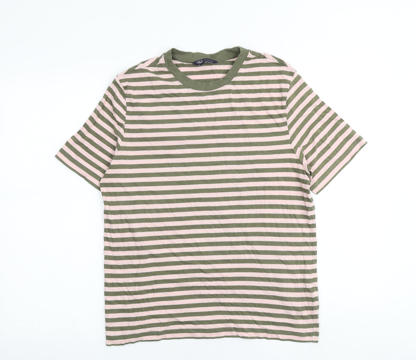 Marks and Spencer Womens Multicoloured Striped 100% Cotton Basic T-Shirt Size 12 Round Neck