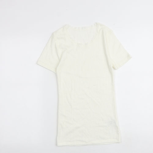 Marks and Spencer Womens Ivory Polyester Basic T-Shirt Size 8 Boat Neck - Lace Trim