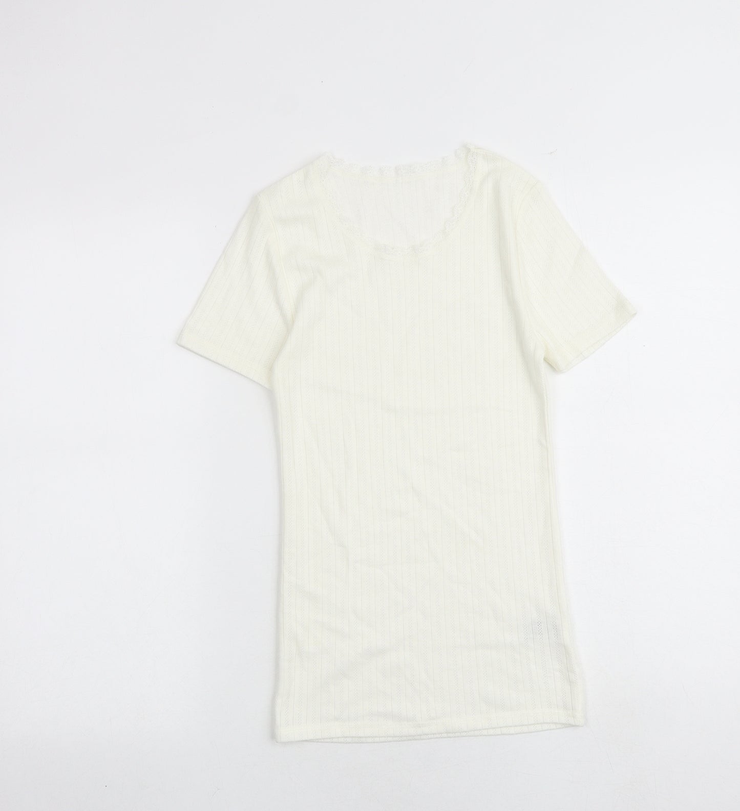 Marks and Spencer Womens Ivory Polyester Basic T-Shirt Size 8 Boat Neck - Lace Trim