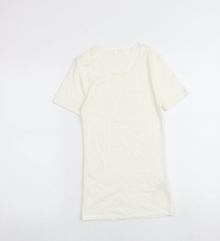 Marks and Spencer Womens Ivory Polyester Basic T-Shirt Size 8 Boat Neck - Lace Trim