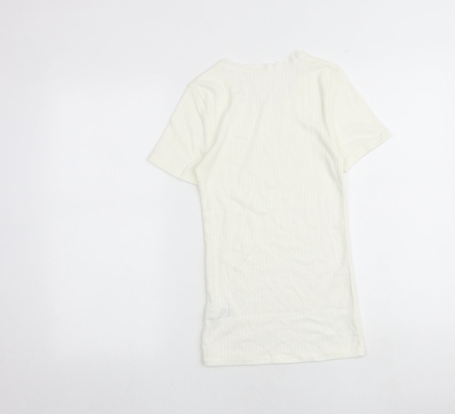 Marks and Spencer Womens Ivory Polyester Basic T-Shirt Size 8 Boat Neck - Lace Trim