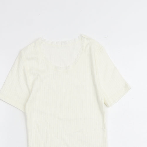 Marks and Spencer Womens Ivory Polyester Basic T-Shirt Size 8 Boat Neck - Lace Trim