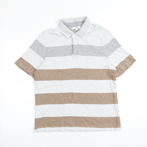 Marks and Spencer Mens Multicoloured Striped Cotton Polo Size M Collared Button