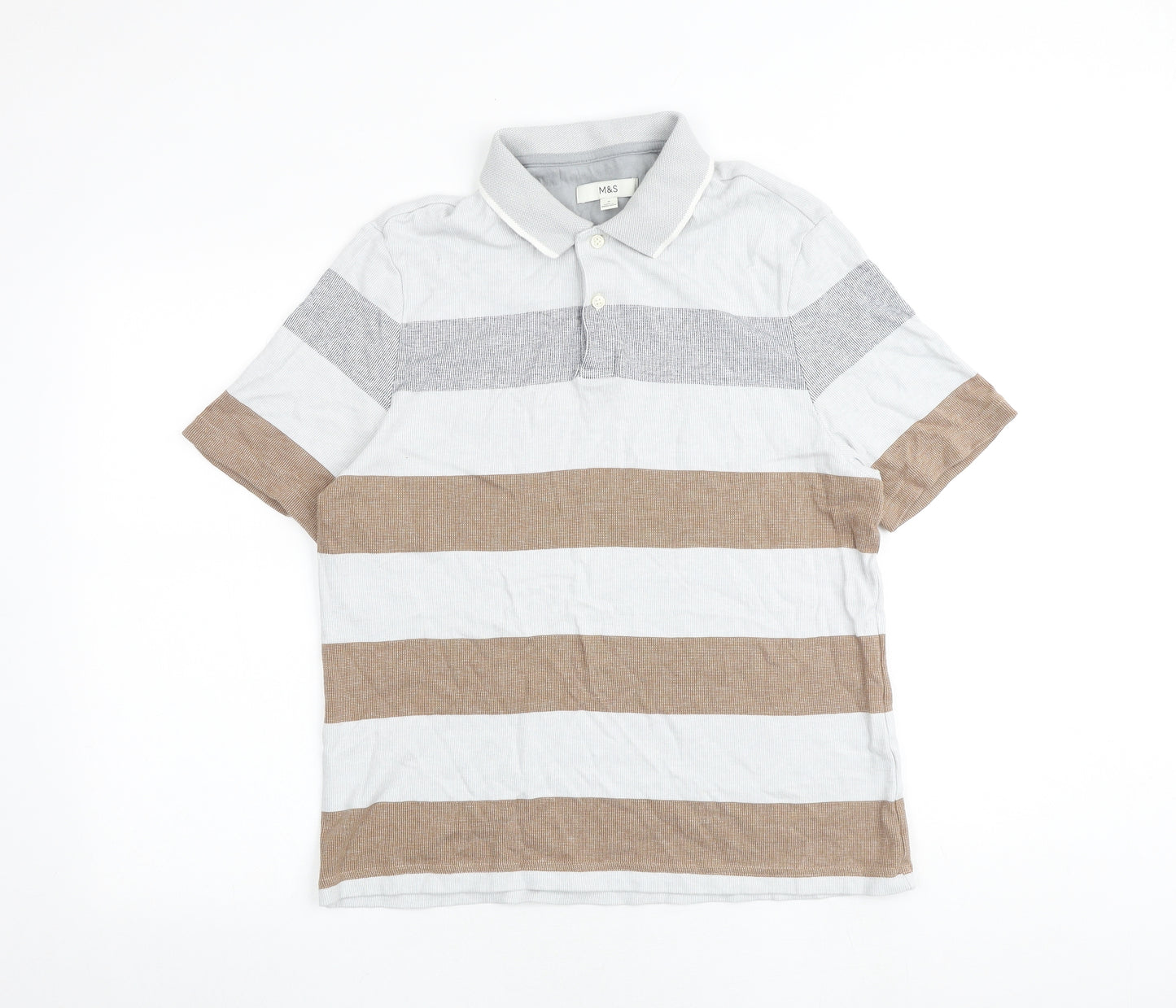 Marks and Spencer Mens Multicoloured Striped Cotton Polo Size M Collared Button